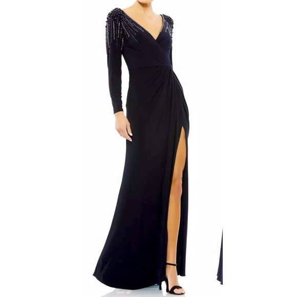 NWT $398 Mac Duggal Size 4 Embellished‎ Accents Faux Wrap Jersey Gown Blue G1591 - Picture 1 of 15